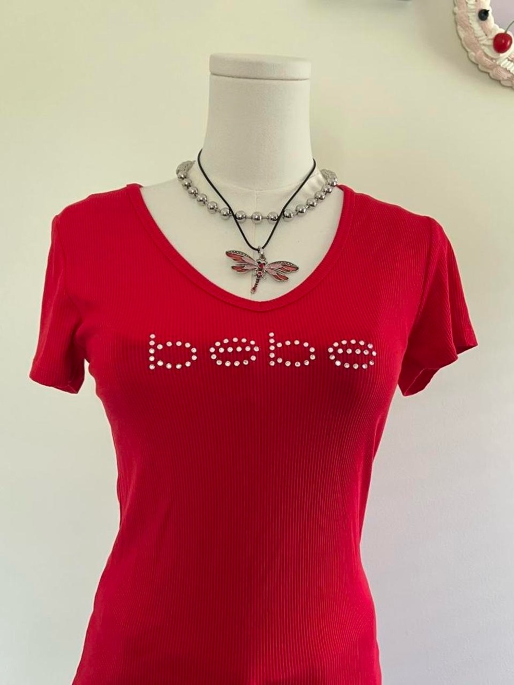 bebe Red Rhinestone Logo Ribbed Short Sleeve Tee - Picture 5 of 7